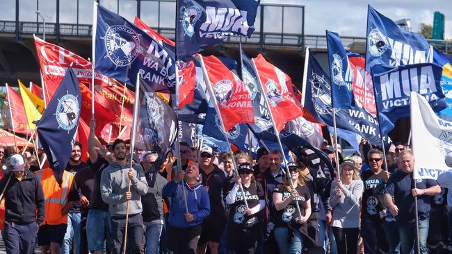 Union members march to Webb Dock. Picture: AAP