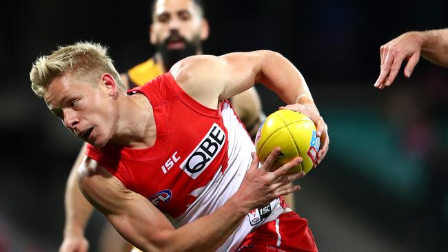 Sydney’s Isaac Heeney might need to kick four goals like he did in Round 1 if the Swans are to be a chance of kicking a winning score against Essendon. Picture: Getty Images.