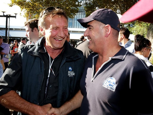 Black Caviar’s breeder Rick Jamieson with Bill Vlahos after he bid for Jimmy.