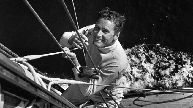 Actor Errol Flynn climbing the mast of his yacht, Sirocco, off the coast of Catalina Island, California, in 1941. Picture: Getty