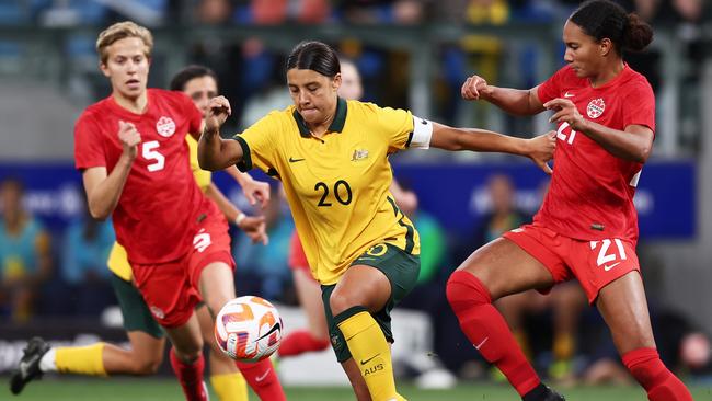 Sam Kerr picks apart Canada during a friendly last year. Picture: Matt King/Getty Images)