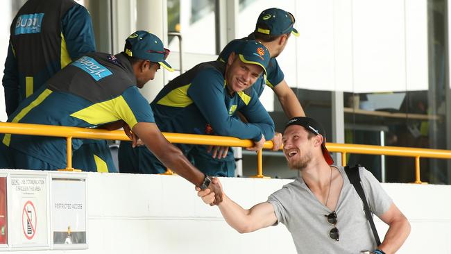 Cameron Bancroft greets the Australian team in Perth last week. Picture: Getty Images