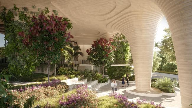 Ground level of the Koichi Takada Architects designed Urban Forest to be built by Aria will be public space with waterfalls, ponds and parks.