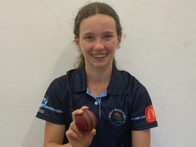 Three of the best: Manly’s hat-trick hero Matilda Brown can’t stop smiling following her stunning effort in round four. Supplied: Manly Warringah District Cricket Club