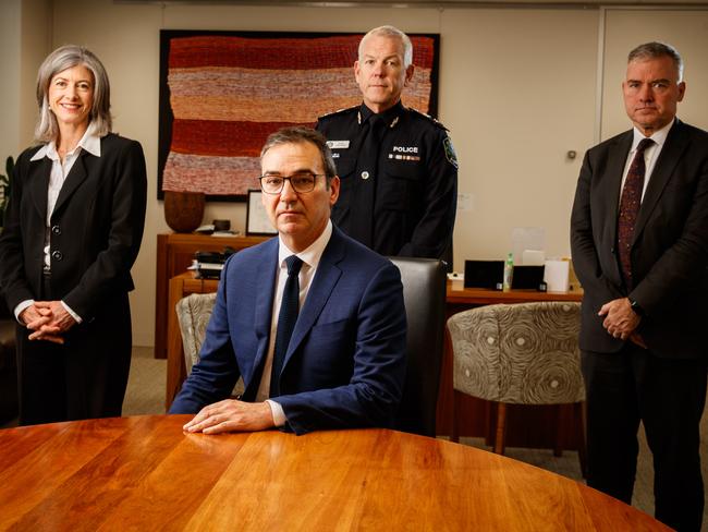 Premier Steven Marshall, Chief Public Health Officer Professor Nicola Spurrier, Police Commissioner Grant Stevens, Health and Wellbeing Minister Stephen Wade. Photo: MATT TURNER.