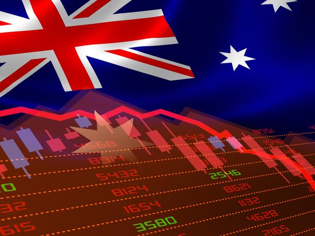 Australia economic downturn with stock exchange market showing stock chart down and in red negative territory. Business and financial money market crisis concept. Recession generic.