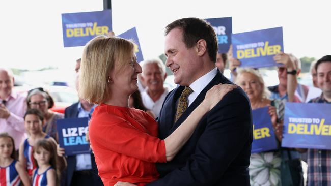 A delighted Liz Truss embraces Tom Tugendhat in Westerham, England, at the weekend. Picture: Getty Images