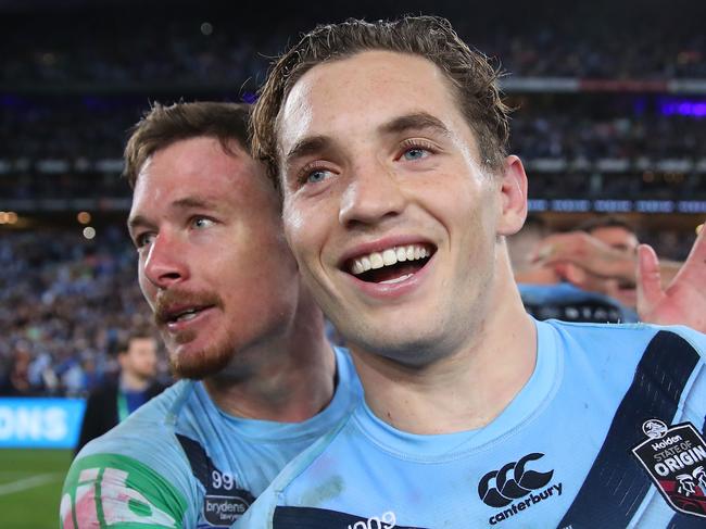 SYDNEY, AUSTRALIA - JULY 10:  Damien Cook of the Blues and Cameron Murray of the Blues celebrate winning game three of the 2019 State of Origin series between the New South Wales Blues and the Queensland Maroons at ANZ Stadium on July 10, 2019 in Sydney, Australia. (Photo by Cameron Spencer/Getty Images)