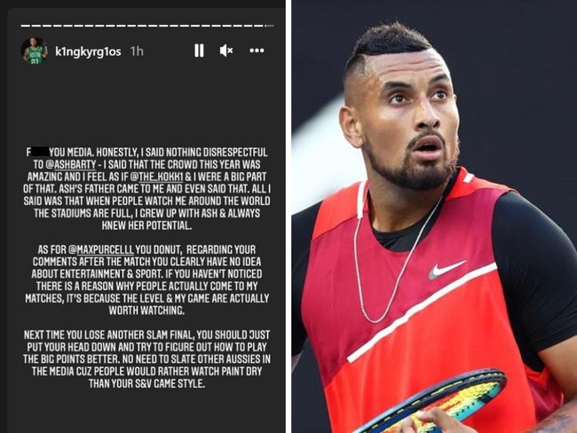 Nick Kyrgios posted an angry message on Instagram. Photo: Getty, Instagram, @K1ngKyrg1os.