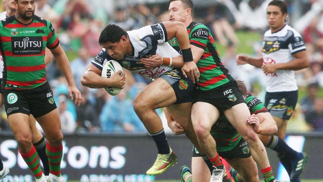 Cowboys' Jason Taumalolo puts in a storming run in the NRL match between the South Sydney Rabbitohs and the North Queensland Cowboys, held at Barlow Park, Cairns. PICTURE: BRENDAN RADKE