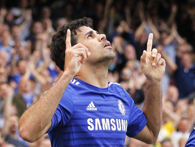 Chelsea's Diego Costa celebrates his goal against Leicester City during their English Premier League soccer match at Stamford Bridge, London, Saturday, Aug. 23, 2014. (AP Photo/Sang Tan)