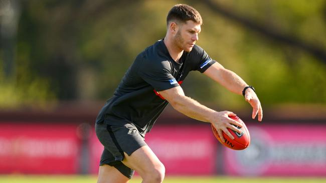 MELBOURNE, AUSTRALIA – SEPTEMBER 11: Taylor Adams of the Magpies trains during a Collingwood Magpies AFL training session at Olympic Park Oval on September 11, 2023 in Melbourne, Australia. (Photo by Morgan Hancock/Getty Images)