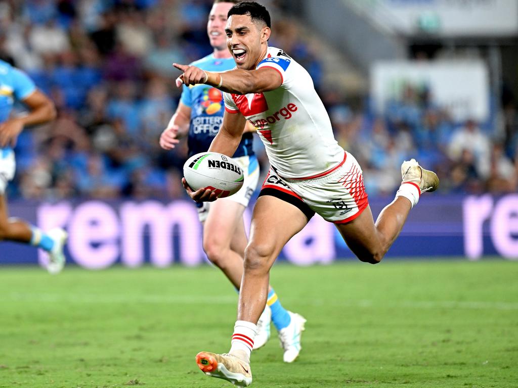 Tyrell Sloan of the Dragons celebrates as he heads to the tryline. Picture: Getty Images