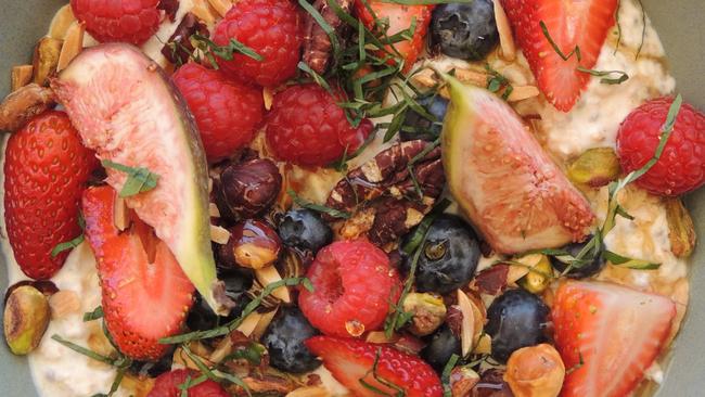 Apple bircher museli with chia, yoghurt, seasonal fruit and roasted nuts ($12).