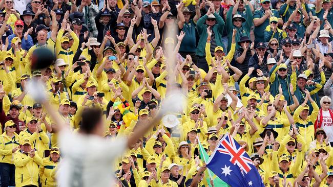 Mitchell Marsh raises his bats to Australian fans at Headingley. Picture: Getty Images