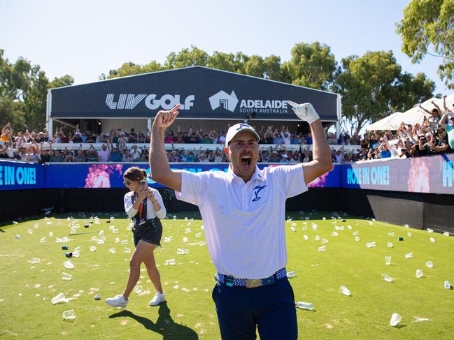 Chase Koepka of Smash GC reacts after making a hole-in-one on the 12th hole during the final round of LIV Golf Adelaide at the Grange Golf Club on Sunday, Apr. 23, 2023 in Adelaide, Australia. (Photo by Jon Ferrey/LIV Golf)