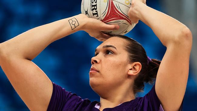 SYDNEY, AUSTRALIA - JUNE 09: Donnell Wallam of the Firebirds warms up ahead during the round nine Super Netball match between Giants Netball and Queensland Firebirds at Ken Rosewall Arena, on June 09, 2024, in Sydney, Australia. (Photo by Jenny Evans/Getty Images)