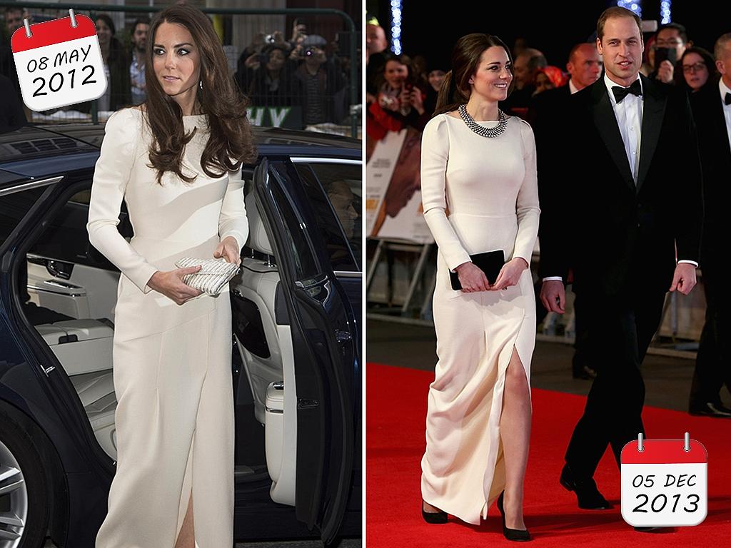 Catherine made this Roland Mouret white gown almost unnoticeably new with the simply switch to a ponytail and black accessories. Picture: Getty