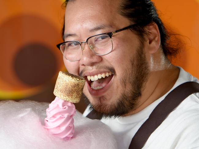 11/3/20 - Adelaide's own Willy Wonka, Quang Nguyen, with his fairy floss and soft serve creation. He has a stand called Shibui Gluttony. Quang will be hosting a dessert class as part of Tasting Australia. Photo Naomi Jellicoe