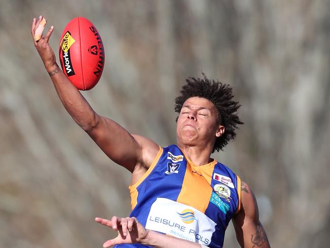 Bendigo FNL, Round 7, Maryborough V Golden Square, at Princes Park, Maryborough, Seb Collins, 19,  Maryborough Magpies   &   Kai Daniels, 11, olden Square Bulldogs,   Picture Yuri Kouzmin