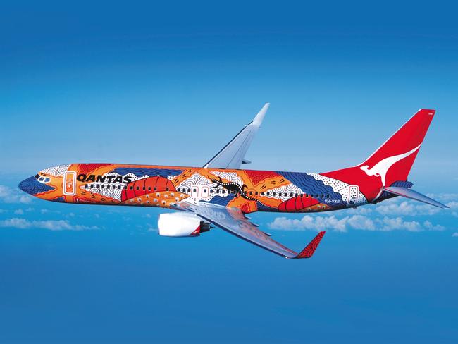 Qantas aircraft sporting indigenous artwork. Qantas will mark 25-years of its Flying Art series on September 4, celebrating indigenous art. Picture: