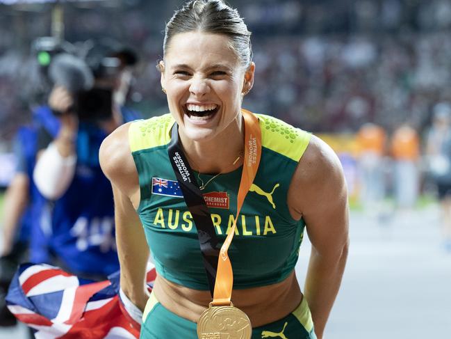 BUDAPEST, HUNGARY: August 23: Nina Kennedy of Australia celebrates after her joint gold medal with Katie Moon of the United States in the Women's Pole Vault Final during the World Athletics Championships, at the National Athletics Centre on August 23rd, 2023 in Budapest, Hungary. (Photo by Tim Clayton/Corbis via Getty Images)