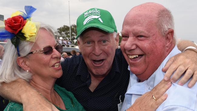 Owners Allan Endresz (centre), Robyn and Jeff Simpson celebrate Alligator Blood’s win in the Magic Millions Guineas. Picture: Steve Holland