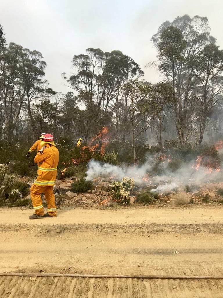 Firefighters at work battling blazes in Tasmania's Central Highlands. Picture: Tara Felts