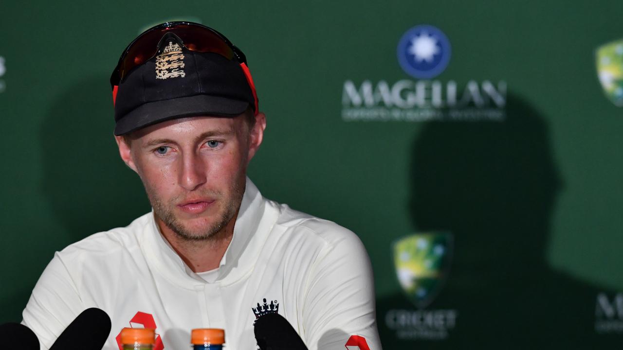 England captain Joe Root is seen talking to the media after play on Day 5 of the First Ashes Test match between Australia and England at the Gabba in Brisbane, Monday, November 27, 2017. (AAP Image/Darren England) NO ARCHIVING, EDITORIAL USE ONLY, IMAGES TO BE USED FOR NEWS REPORTING PURPOSES ONLY, NO COMMERCIAL USE WHATSOEVER, NO USE IN BOOKS WITHOUT PRIOR WRITTEN CONSENT FROM AAP