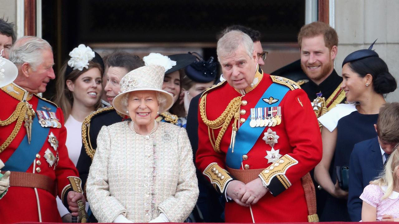 LONDON, ENGLAND — JUNE 08: (L-R) Camilla, Duchess of Cornwall Prince Charles, Prince of Wales, Queen Elizabeth II, Prince Andrew, Duke of York, Prince Harry, Duke of Sussex and Meghan, Duchess of Sussex during Trooping The Colour, the Queen's annual birthday parade, on June 8, 2019 in London, England. (Photo by Chris Jackson/Getty Images)