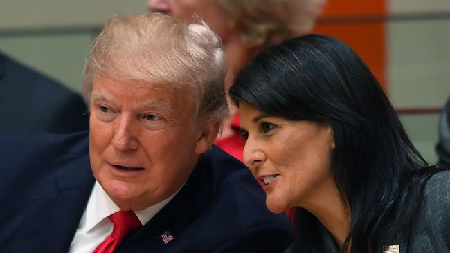 Donald Trump when president and Nikki Haley when US ambassador to the United Nations, in 2017. Picture: AFP