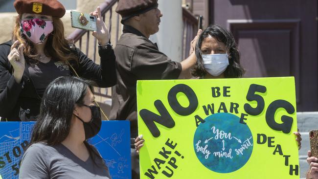 Anti-5G activists rally in Los Angeles. Picture: AP.