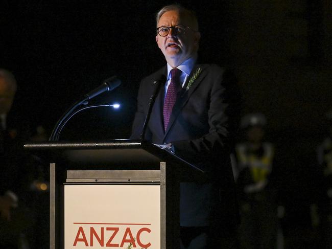 Prime Minister Anthony Albanese speaking at the Dawn Service at the Australian War Memorial in Canberra. Picture: Getty