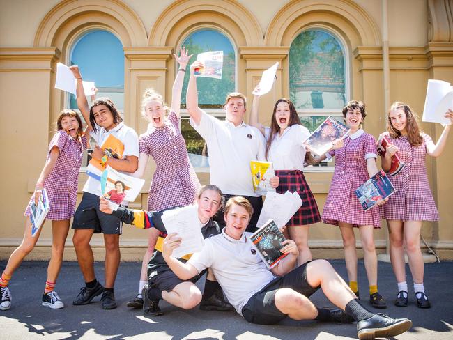 Indah Cordell, Dion Dwipayana, Johanna Toner, Blake Symons, Dimity Leontos, Greta Montgomery, Millie Dunstone, Jesse Simpson and Michael Pehm have waved exams goodbye. Picture: Mark Stewart