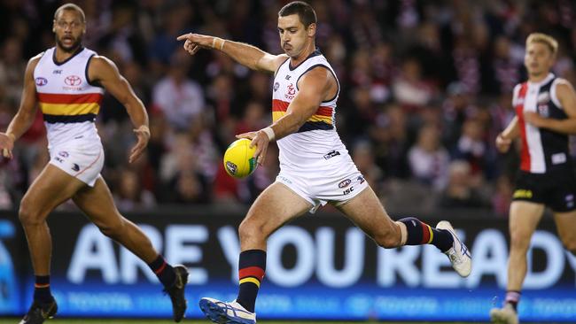 POWERFUL LEG: Taylor Walker displays his kicking prowess against St Kilda. Picture: Michael Klein