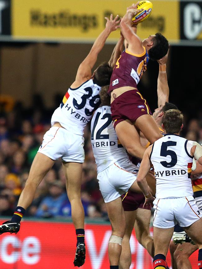 Cameron Rayner flies over a pack for Brisbane Lions this year.