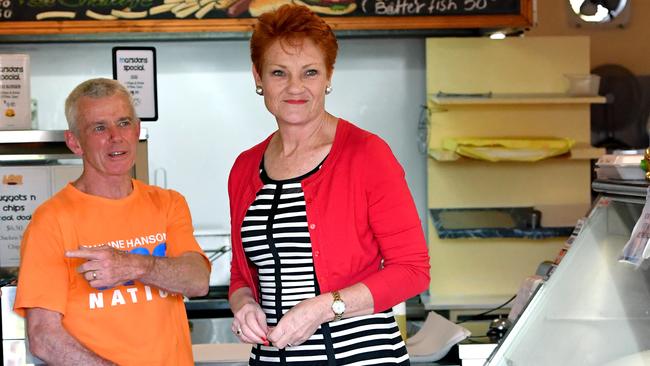 Senator Hanson at her former chip shop in Ipswich with Malcolm Roberts. Picture: AAP