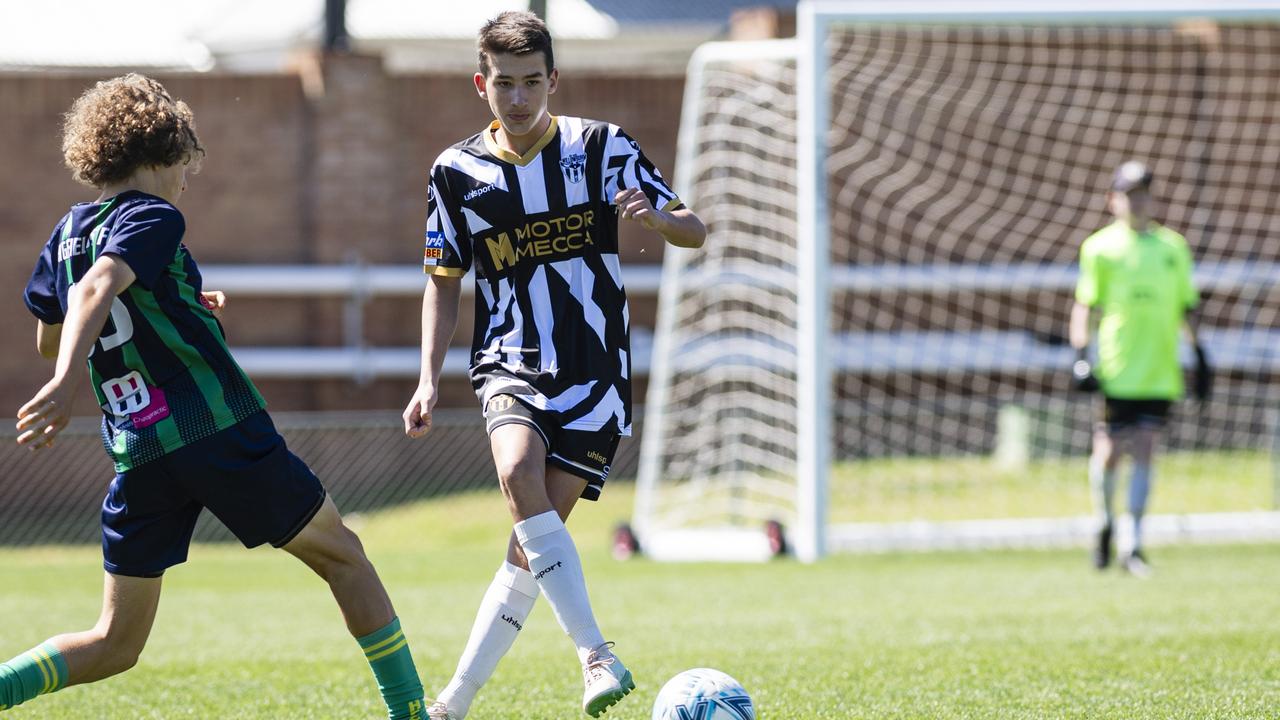 Daniel Byrne of Willowburn White against Highfields in Football Queensland Darling Downs Community Juniors U14/15 Junior League grand final at Clive Berghofer Stadium, Saturday, August 31, 2024. Picture: Kevin Farmer