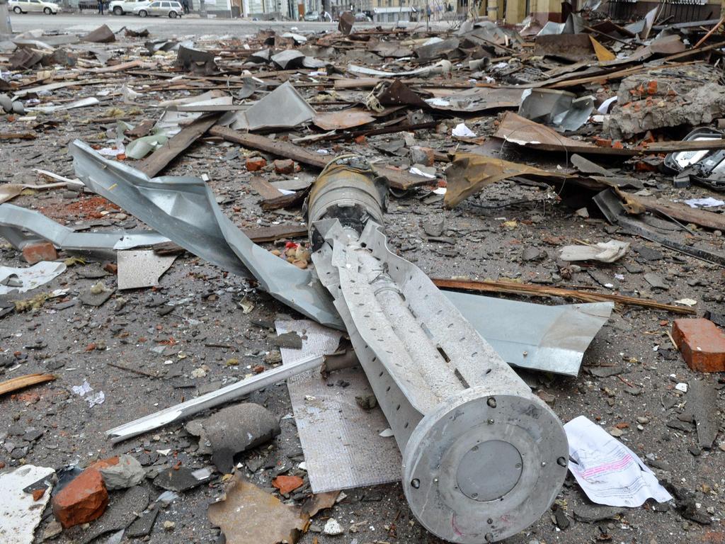 A view a part of a rocket is pictured after the attack on Kharkiv. Picture: AFP