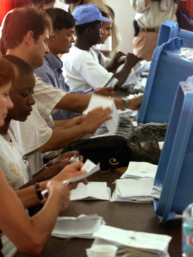 United Nations electoral workers at a central gathering station in Dili counting ballots in historic UN-sponsored independence referendum