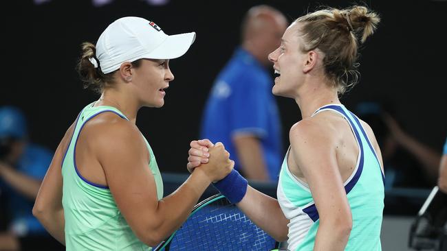 Ash Barty and Alison Riske after the clash. Picture: Michael Klein