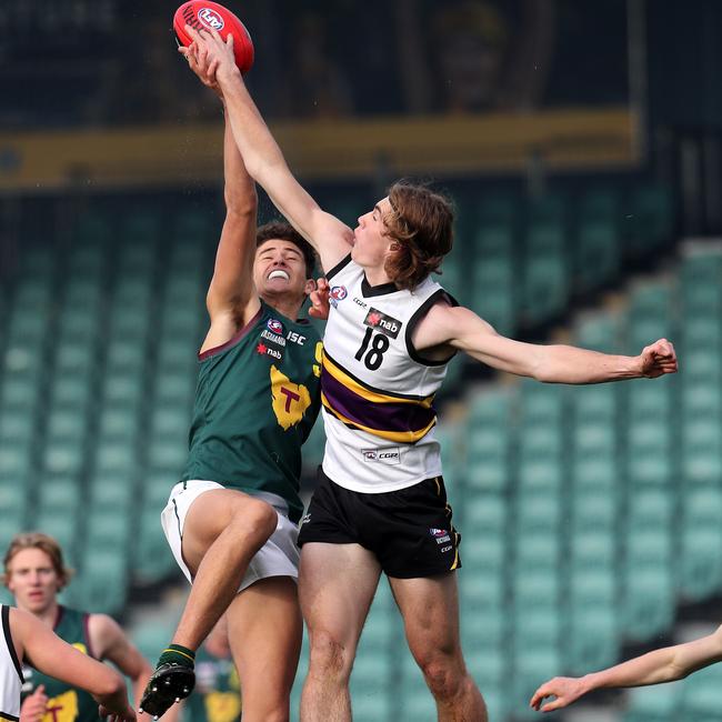 NAB League, Tasmanian Devils Joseph Chaplin and Murray Bushrangers Charlie Crisp contest a mark at UTAS Stadium. Picture: CHRIS KIDD