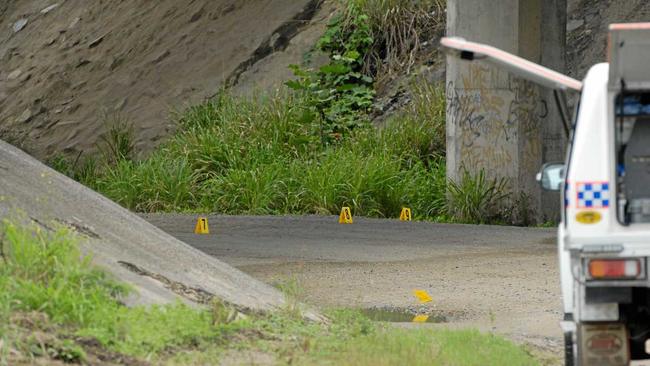 Forensic numbers under the Ron Camm Bridge where it is alleged that Natasha McCarthy was murderedPhoto Lee Constable / Daily Mercury. Picture: Lee Constable