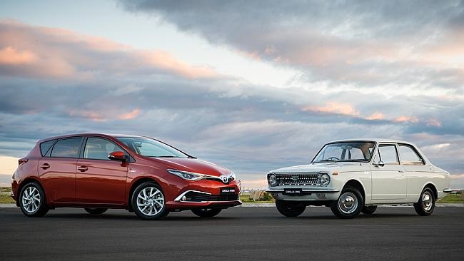 Toyota Corolla turns 50. The original (right) went on sale globally in October 1966. Picture: Supplied.