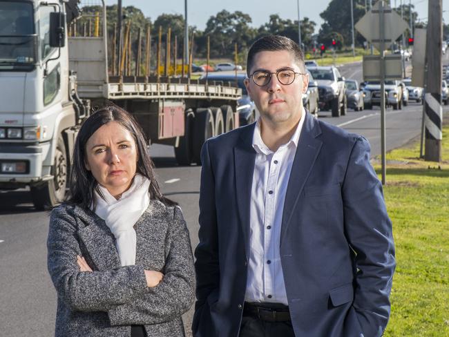 Hume Mayor Carly Moore and Cr Joseph Haweil at Mickleham Rd. Picture: Rob Leeson