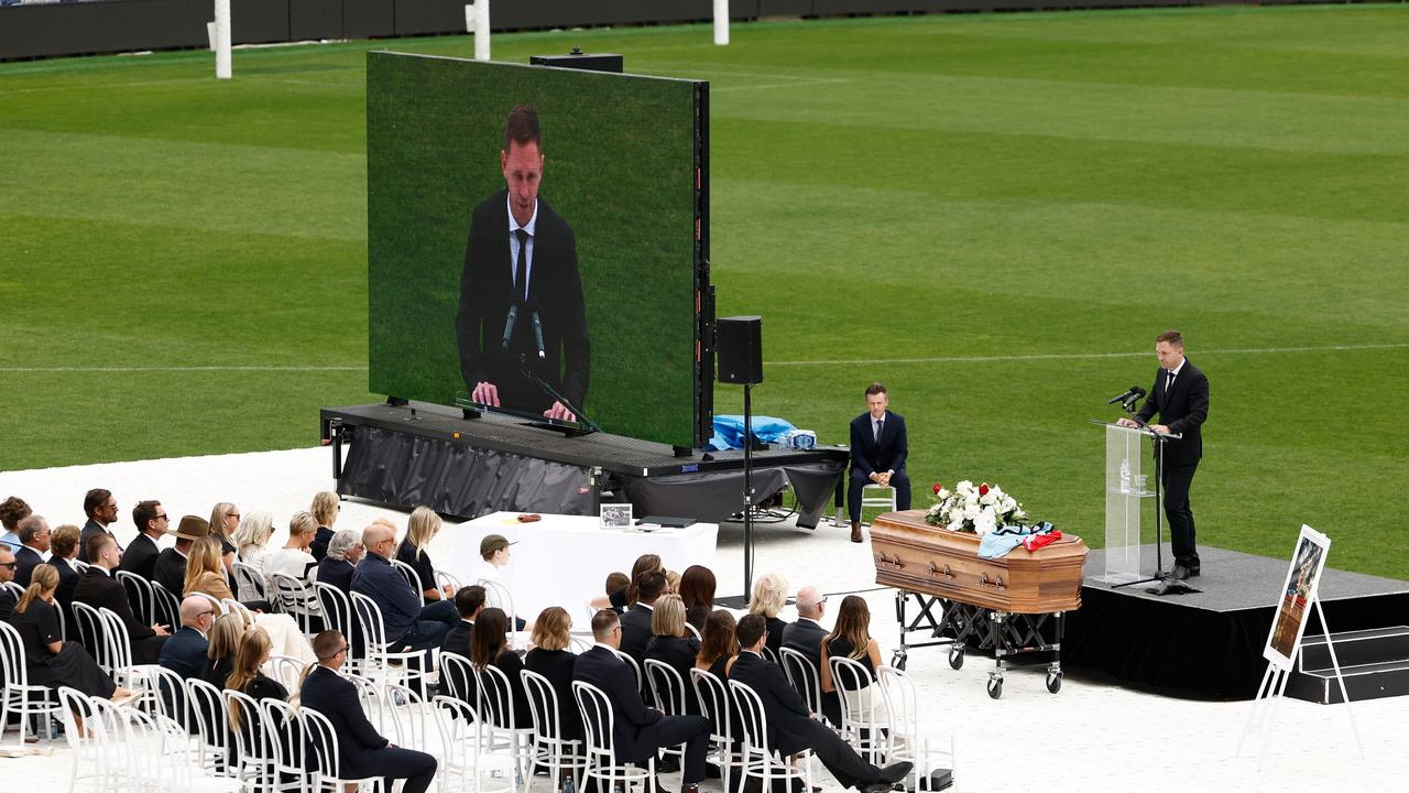 Joel Selwood delivers his eulogy during Troy Selwood's funeral service.