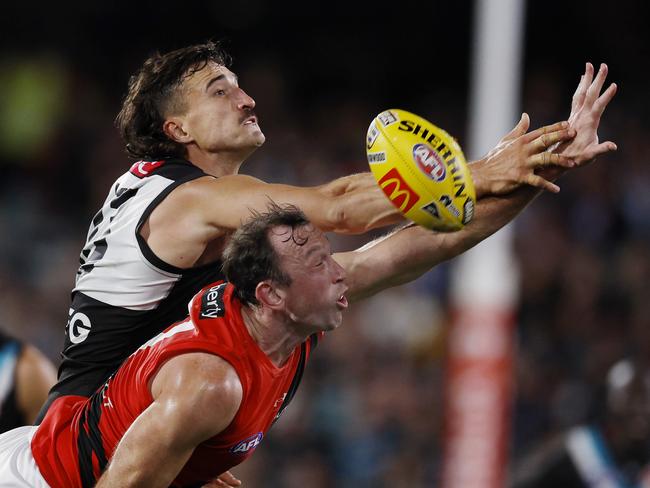 The Power’s Ivan Soldo in action against Essendon’s Todd Goldstein. Picture: Michael Klein