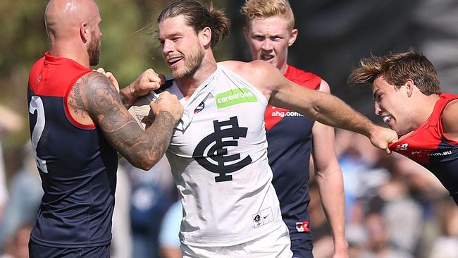Bryce Gibbs was in the action for Carlton. Picture: Wayne Ludbey