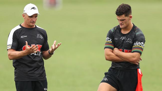 Coach Ivan Cleary speaks to son Nathan Cleary during a Panthers training session. Picture: Brett Costello