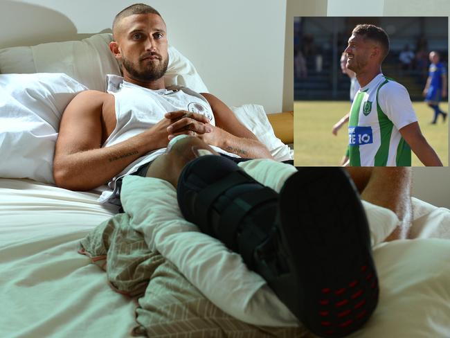 Then and now. Tim Lawson at home in bed with a broken foot more than 1000 days before he made his comeback to Coast football through Beerwah Glasshouse.